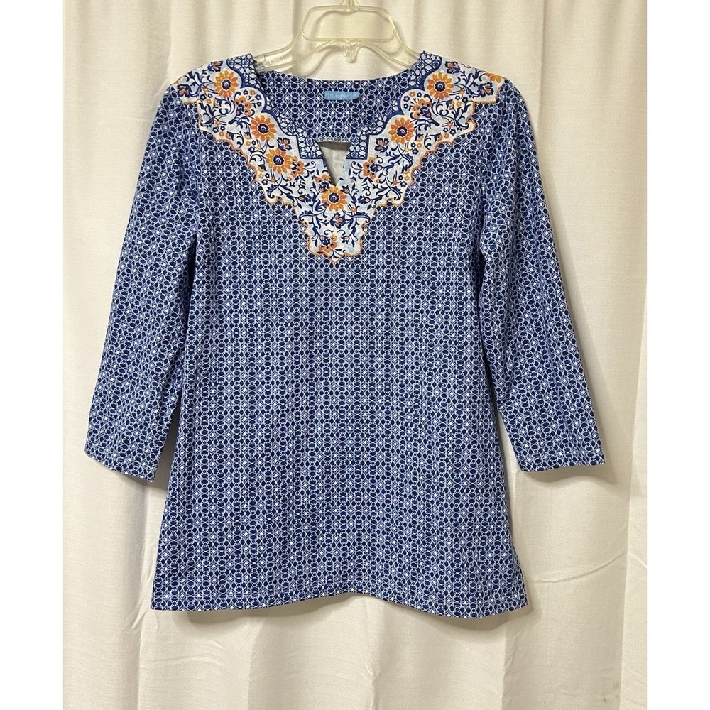 J. McLaughlin Geometric V-Neck Catalina Cloth Stretchy Outdoor Tunic Top Blue M